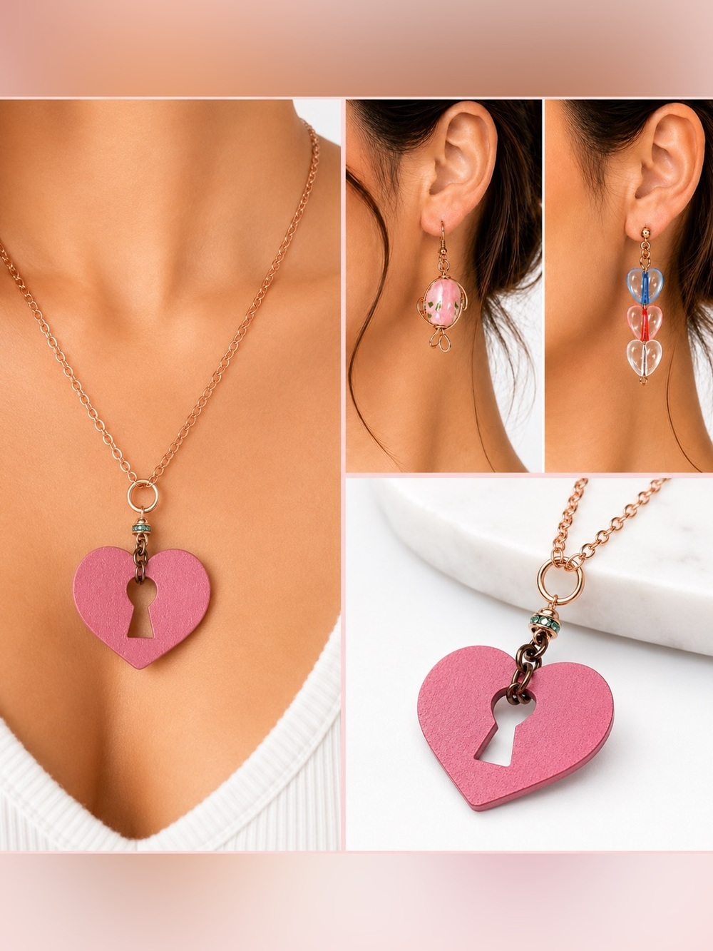 Pink Heart Necklace and Earrings Bronze Tone Jewelry Set – 3 Piece
